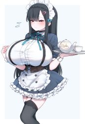 Rule 34 | 1girl, absurdres, akitokage, apron, aqua bow, aqua necktie, asymmetrical bangs, belt, black hair, black thighhighs, blue dress, blunt bangs, blush, bolo tie, border, bow, breasts, brown corset, bursting breasts, chest harness, closed mouth, collared shirt, corset, cup, dress, dress shirt, embarrassed, feet out of frame, flying sweatdrops, frilled apron, frilled dress, frills, garter straps, grey background, hair bow, hair ornament, hairclip, harness, highres, holding, holding tray, huge breasts, long hair, looking ahead, maid, maid headdress, necktie, no pupils, nozomi (akitokage01), original, outside border, puffy short sleeves, puffy sleeves, purple eyes, shirt, short dress, short sleeves, sidelocks, simple background, solo, standing, straight hair, teacup, teapot, thighhighs, tray, tsurime, very long hair, waist apron, wavy mouth, white apron, white belt, white border, white shirt, wrist belt, zettai ryouiki