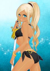 Rule 34 | 1girl, anlucea, bangle, bare shoulders, bikini, black bikini, blonde hair, blue eyes, bracelet, breasts, closed mouth, commentary request, cowboy shot, dark-skinned female, dark skin, dragon quest, dragon quest x, earrings, from side, front-tie bikini top, front-tie top, gyaru, halterneck, high ponytail, holding, holding sword, holding weapon, hoop earrings, jewelry, kosuga kumi, light blush, lips, long hair, looking at viewer, looking to the side, medium breasts, mole, mole under mouth, pink lips, side-tie bikini bottom, solo, sparkle, stomach, swept bangs, swimsuit, sword, tan, weapon
