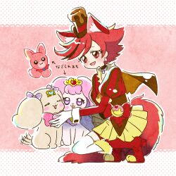 Rule 34 | 1girl, :d, animal ears, blush, bow, brooch, brown cape, brown choker, cape, choker, closed eyes, commentary request, cure chocolat, dog, dog tail, ear ribbon, earrings, extra ears, gloves, go! princess precure, hat, healin&#039; good precure, healing animal, heart, hoppetoonaka3, jewelry, kenjou akira, kirakira precure a la mode, latte (precure), long sleeves, magical girl, open mouth, polka dot, polka dot background, precure, puff (go! princess precure), puffy sleeves, red eyes, red hair, short hair, shorts, shorts under skirt, silver earrings, simple background, skirt, smile, species connection, tail, thighhighs, top hat, white gloves