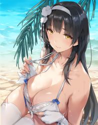 Rule 34 | 1girl, beach, bikini, black hair, blush, breasts, cleavage, closed mouth, collarbone, day, flower, girls&#039; frontline, gloves, hair flower, hair ornament, hairband, highres, large breasts, long hair, looking at viewer, loose bikini, ocean, official alternate costume, outdoors, palm leaf, sand, shade, sitting, skindentation, smile, solo, stomach, swimsuit, thighhighs, thighs, type 95 (girls&#039; frontline), type 95 (summer cicada) (girls&#039; frontline), very long hair, wet, white bikini, white gloves, white hairband, white thighhighs, yellow eyes, zen juraku