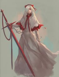 Rule 34 | 1girl, dress, fennel (momodora), flower, hairband, highres, holding, holding sword, holding weapon, koyorin, long hair, momodora: reverie under the moonlight, red eyes, solo, sword, torn clothes, torn dress, weapon, white dress, white hair