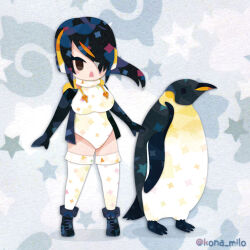 1girl animal bird black_eyes black_hair boots emperor_penguin_(kemono_friends) full_body gloves grey_background hair_over_one_eye headphones hood hoodie japari_symbol kemono_friends kikuchi_milo leotard long_hair looking_at_viewer penguin penguin_girl simple_background thighhighs