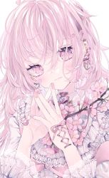 Rule 34 | 1girl, blush, cherry blossoms, corset piercing, ear piercing, earrings, floral print, flower, hair flower, hair ornament, highres, jewelry, lolita fashion, nail polish, original, own hands together, pale skin, petals, piercing, pink eyes, pink hair, pink theme, purple eyes, sakurato remi, smile, solo