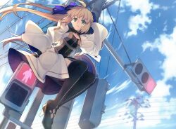 Rule 34 | 1girl, ahoge, artoria caster (fate), artoria caster (third ascension) (fate), artoria pendragon (fate), black footwear, black gloves, blonde hair, blue bow, blue sky, bow, bracelet, breasts, cloud, cloudy sky, dress, elbow gloves, fate/grand order, fate (series), gloves, green eyes, hair bow, highres, jewelry, long dress, long fall boots, long hair, long sleeves, looking at viewer, on top of pole, open mouth, diamond (shape), road, saipaco, sitting, sky, small breasts, street, teeth, twintails, white dress