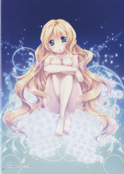 Rule 34 | 1girl, :o, absurdres, barefoot, blonde hair, blue eyes, blush, breasts, cleavage, collarbone, convenient leg, crossed ankles, feet, flower, full body, hair between eyes, highres, hugging own legs, knees up, kyoukaisenjou no horizon, large breasts, lily pad, long hair, looking at viewer, mary stuart, nipples, non-web source, nude, open mouth, page number, scan, scar, sitting, solo, takitsume shino, toes, very long hair, wavy hair