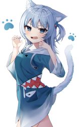 Rule 34 | 1girl, absurdres, animal ear fluff, animal ears, blue eyes, blue hair, blue hoodie, blue nails, blush, breasts, cat ears, cat tail, claw pose, commentary, fingernails, gawr gura, gawr gura (1st costume), hair ornament, highres, hololive, hololive english, hood, hoodie, kemonomimi mode, looking at viewer, mouth pull, nail polish, nannung, open mouth, shark hair ornament, sharp teeth, small breasts, solo, standing, tail, tail raised, teeth, virtual youtuber