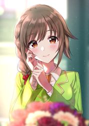Rule 34 | 1girl, blurry, blurry background, blurry foreground, blush, braid, brown hair, closed mouth, collared shirt, commentary request, depth of field, fingernails, flower, formal, green jacket, hair between eyes, hair ornament, hair over shoulder, hair scrunchie, head tilt, highres, idolmaster, idolmaster cinderella girls, idolmaster cinderella girls starlight stage, jacket, long hair, long sleeves, looking at viewer, nail polish, orange neckwear, pink nails, purple flower, purple rose, red eyes, red flower, red rose, red scrunchie, rose, scrunchie, senkawa chihiro, shirt, single braid, smile, solo, suit, sutoroa, upper body, white flower, white rose, white shirt