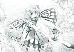 Rule 34 | 0-den, 1girl, absurdres, antennae, ass, barefoot, butterfly wings, dress, eternity larva, fairy, flower, full body, hair between eyes, highres, index finger raised, insect wings, leaf, leaf on head, looking at viewer, monochrome, multicolored clothes, multicolored dress, parted lips, short hair, short sleeves, solo, touhou, wings