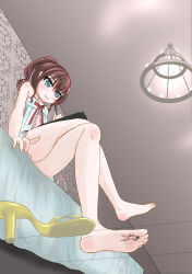 Rule 34 | 1boy, 1girl, bare shoulders, brown hair, from below, giant, giantess, green eyes, highres, legs, looking down, mini person, miniboy, sitting, size difference, toho0414, trample, x-ray