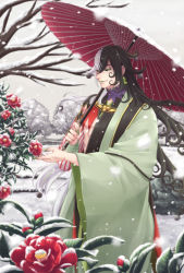 Rule 34 | 1boy, abs, ashiya douman (fate), asymmetrical clothes, asymmetrical hair, bell, black eyes, black hair, branch, camellia, commentary request, curly hair, earrings, eyeshadow, fate/grand order, fate (series), fingernails, flower, garden, green eyeshadow, green kimono, green lips, green nails, hadanugi dousa, hair bell, hair between eyes, hair intakes, hair ornament, highres, japanese clothes, jewelry, jitome, kimono, leaf, light smile, long hair, looking at flowers, looking down, magatama, magatama earrings, makeup, male focus, multicolored hair, nail polish, onmyouji, open clothes, open kimono, outdoors, pectorals, piyo toma, ribbed sleeves, sharp fingernails, sky, smile, snow, snowing, toned, toned male, tree, two-tone hair, umbrella, very long fingernails, very long hair, white hair, white sky, wide sleeves, winter