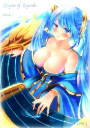 Rule 34 | 10s, 1girl, 2015, akira b, artist name, blue eyes, blue hair, blush, breasts, character name, cleavage, copyright name, instrument, large breasts, league of legends, long hair, looking at viewer, low neckline, matching hair/eyes, solo, sona (league of legends), twintails
