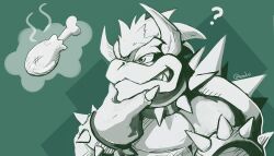 Rule 34 | 1boy, ?, absurdres, armlet, bowser, bracelet, chicken (food), chicken leg, claws, collar, food, green background, greyscale with colored background, hand on own chin, highres, jewelry, male focus, mario (series), nintendo, scarvii, sharp teeth, shell, solo, spiked armlet, spiked bracelet, spiked collar, spiked shell, spikes, teeth, twitter username, upper body
