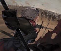 Rule 34 | 1girl, 6+others, armor, army, arrow (projectile), battle, chasing, dual wielding, fate/grand order, fate (series), grey hair, holding, holding sword, holding weapon, horse, jeanne d&#039;arc (fate), jeanne d&#039;arc alter (avenger) (fate), jeanne d&#039;arc alter (fate), medium hair, multiple others, outdoors, r u i (s 1cll), riding, running, smoke, sword, torn clothes, weapon