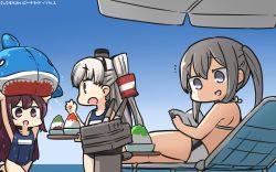 Rule 34 | 3girls, :d, amatsukaze (kancolle), blonde hair, blue one-piece swimsuit, commentary, dated, food, graf zeppelin (kancolle), hair between eyes, hair tubes, hamu koutarou, highres, kamikaze (kancolle), kantai collection, long hair, multiple girls, no headwear, no headwear, one-piece swimsuit, open mouth, parasol, purple eyes, purple hair, rensouhou-kun, school swimsuit, shaved ice, sidelocks, silver hair, smile, swimsuit, twintails, two side up, umbrella, v-shaped eyebrows