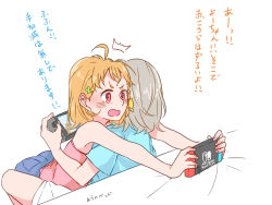 Rule 34 | 2girls, ahoge, arm on another&#039;s shoulder, blue shirt, blue shorts, blush, bow, braid, camisole, clover hair ornament, commentary request, grey hair, hair behind ear, hair bow, hair ornament, handheld game console, highres, holding, holding handheld game console, hug, kashikaze, love live!, love live! sunshine!!, medium hair, meme, multiple girls, nintendo switch, one chair gamer couple (meme), open mouth, orange hair, outstretched arms, pink camisole, playing games, red eyes, shirt, short hair, short sleeves, shorts, side braid, simple background, sitting, sitting between lap, t-shirt, takami chika, translation request, watanabe you, white background, white shorts, yellow bow, yuri