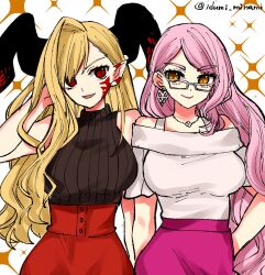 Rule 34 | 2girls, asymmetrical bangs, bare shoulders, black sweater, blonde hair, breasts, earrings, facial mark, fate/grand order, fate (series), glasses, hair over one eye, highres, horns, izumi minami, jewelry, koyanskaya (fate), koyanskaya (foreigner) (first ascension) (fate), large breasts, long hair, looking at viewer, multiple girls, necklace, nero claudius (fate), nero claudius (fate) (all), open mouth, pink hair, pink skirt, pointy ears, queen draco (fate), queen draco (third ascension) (fate), red eyes, red skirt, shirt, short sleeves, skirt, sleeveless, sleeveless sweater, sleeveless turtleneck, smile, sweater, tamamo (fate), turtleneck, white shirt, yellow eyes