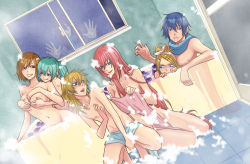 Rule 34 | 3boys, 4girls, :q, bad id, bad pixiv id, bath, bathing, bathroom, bathtub, blood, blue scarf, blush, breasts, covering crotch, covering privates, dutch angle, eggplant, everyone, family, femdom, hatsune miku, indoors, jealous, kagamine len, kagamine rin, kaito (vocaloid), kamui gakupo, large breasts, looking back, megurine luka, meiko (vocaloid), mixed-sex bathing, multiple boys, multiple girls, naked scarf, nayu, nosebleed, nude, on floor, scarf, shared bathing, smile, squatting, stalking, steam, tongue, tongue out, towel, vocaloid, voyeurism, wet, when you see it, window, yuri