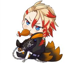 Rule 34 | 1boy, axel syrios, belt, black jacket, black pants, blonde hair, blue eyes, braid, chain, chibi, chicken (food), eating, food, food in mouth, gloves, hair between eyes, highres, holostars, holostars english, jacket, looking at viewer, male focus, multicolored hair, multiple tails, pants, red hair, side braid, solo, tail, torn clothes, torn pants, two-tone hair, white background, yoidori (yoitor1)