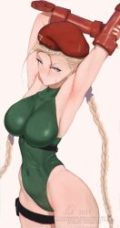 Rule 34 | 1girl, absurdres, alanca97, arms up, ass, blonde hair, blue eyes, blush, braid, breasts, cammy white, curvy, green leotard, hat, highleg, highleg leotard, highres, large breasts, leotard, light smile, lips, long hair, looking at viewer, street fighter, stretching, thong leotard, twin braids, very long hair, wide hips