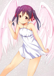 Rule 34 | 10s, 1girl, \m/, alternate costume, angel wings, bare legs, bare shoulders, black hair, blush, dress, hair ribbon, halterneck, long hair, looking at viewer, love live!, love live! school idol project, ok-ray, red eyes, red ribbon, ribbon, smile, solo, standing, sundress, twintails, white dress, wings, yazawa nico