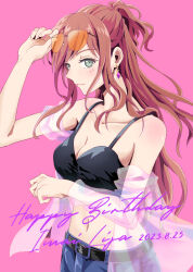 Rule 34 | 1girl, :3, absurdres, adjusting eyewear, bang dream!, belt, blush, breasts, character name, cleavage, closed mouth, collarbone, commentary request, crop top, dated, denim, denim shorts, earrings, eyewear on head, green eyes, half updo, happy birthday, highres, imai lisa, jacket, jewelry, large breasts, light brown hair, long hair, looking at viewer, midriff, navel, off shoulder, pink background, ponytail, roselia (bang dream!), see-through, see-through jacket, shih lion, shirt, shorts, simple background, sleeveless, sleeveless shirt, solo, sunglasses, upper body, wavy hair, wind