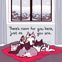 Rule 34 | :3, animal, animal focus, animated, animated gif, black eyes, blanket, bush, cat, curtains, english text, grey cat, highres, indoors, no humans, original, snow, snowing, thelatestkate, white cat, window