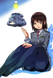 Rule 34 | 1girl, airborne laser, aircraft, aircraft artillery, arm up, artillery, autocannon, black pantyhose, brown eyes, brown hair, buttons, cannon, commentary, double-breasted, energy cannon, energy weapon, flare, godzilla (series), grey jacket, grey skirt, gunship, headlight, jacket, japan air self-defense force, japan self-defense force, kamisimo 90, kneepits, laser cannon, long sleeves, looking at viewer, military, military uniform, military vehicle, missile launcher, missile pod, open mouth, original, pantyhose, parachute, pleated skirt, red neckwear, school uniform, shirt, short hair, sitting, skirt, solo, spotlight, super-x, the return of godzilla, toho, turret, uniform, vtol, weapon, white shirt