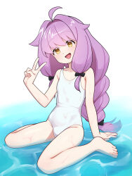 Rule 34 | 1girl, ahoge, black bow, blush, borrowed character, bow, braid, braided ponytail, feet, female focus, gluteal fold, hair bow, long hair, one-piece swimsuit, open mouth, purple hair, sitting, smile, solo, swimsuit, toes, v, very long hair, wariza, water, wet, wet clothes, wet swimsuit, yellow eyes, yotubeya