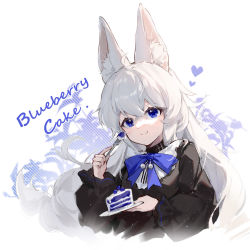 Rule 34 | 1girl, absurdres, ahoge, animal ear fluff, animal ears, black dress, blue bow, blue bowtie, blue eyes, bow, bowtie, cake, cake slice, cat ears, closed mouth, commentary, dress, english commentary, english text, food, fork, hakuto kinkinko, heart, highres, holding, holding fork, holding plate, long hair, long sleeves, looking at viewer, original, plate, smile, solo, upper body, white hair