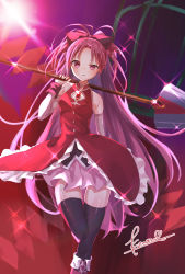 Rule 34 | 1girl, bare shoulders, black bow, black thighhighs, boots, bow, commentary request, detached sleeves, dress, feet out of frame, frilled dress, frills, half-closed eye, highres, holding, holding polearm, holding weapon, knee boots, knee up, ko (kono mi), long hair, magical girl, mahou shoujo madoka magica, mahou shoujo madoka magica (anime), parted lips, polearm, ponytail, red dress, red eyes, red footwear, red hair, sakura kyoko, signature, solo, sparkle, spear, standing, thighhighs, weapon, wrist cuffs, zettai ryouiki
