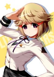 Rule 34 | 1girl, arm up, black skirt, black sweater, breasts, buttons, closed mouth, collared shirt, commentary request, double-breasted, drop shadow, emblem, from side, hair ornament, hairclip, hand on own hip, highres, hiraken, jacket, kobato ryouko, light blush, light brown hair, long sleeves, looking at viewer, looking to the side, medium breasts, neck ribbon, plaid, plaid skirt, purple eyes, purple ribbon, ribbon, salute, school uniform, shirt, short hair, shoujo kageki revue starlight, shoujo kageki revue starlight -re live-, skirt, solo, song name, star (symbol), sweater, two-tone background, upper body, white background, white jacket, white shirt, yellow background