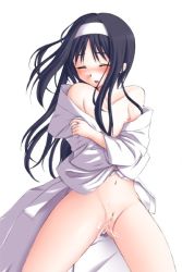 Rule 34 | 00s, 1girl, black hair, blush, flat chest, hairband, long hair, nipples, no bra, no panties, parted bangs, pussy, pussy juice, simple background, solo, spread legs, tohno akiha, tsukihime, uncensored, white background