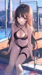 Rule 34 | 1girl, absurdres, bare arms, bare shoulders, bikini, black bikini, black choker, blue eyes, bracelet, breasts, brown hair, choker, cityscape, cleavage, clenched teeth, criss-cross halter, day, frown, halterneck, highres, jewelry, kerno, legs, long hair, looking at viewer, medium breasts, mole, mole on breast, mole under eye, multi-strapped bikini, navel, necklace, original, pool, poolside, ring, sitting, soaking feet, solo, stomach, string bikini, sunlight, swimsuit, teeth, thigh strap, thighs, very long hair, wet