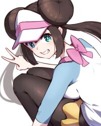 Rule 34 | 1girl, blush, bow, breasts, bright pupils, brown hair, brown pantyhose, commentary request, creatures (company), double bun, game freak, green eyes, grin, hair bun, hat, highres, hyoe (hachiechi), long hair, medium breasts, nintendo, pantyhose, pokemon, pokemon bw2, rosa (pokemon), shirt, shorts, sleeves past elbows, smile, solo, teeth, twintails, v, visor cap, white hat, white pupils, white shirt, yellow shorts