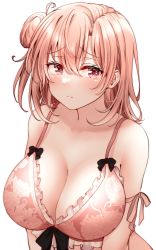 Rule 34 | 1girl, bra, breasts, cleavage, closed mouth, collarbone, hair bun, highres, lace, lace-trimmed bra, lace trim, large breasts, pink bra, pink eyes, pink hair, red hayao, short hair, simple background, single side bun, solo, underwear, upper body, white background, yahari ore no seishun lovecome wa machigatteiru., yuigahama yui