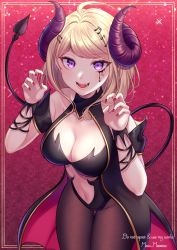 Rule 34 | 1girl, absurdres, ahoge, akamatsu kaede, alternate costume, artist name, bare shoulders, black jacket, black pantyhose, blonde hair, breasts, claw pose, cleavage, collarbone, commentary, cowboy shot, danganronpa (series), danganronpa v3: killing harmony, demon girl, demon horns, demon tail, facial mark, fang, fortissimo, hair ornament, halloween, heart, heart tattoo, highres, horns, jacket, large breasts, long hair, looking at viewer, musical note, musical note hair ornament, nabekokoa, nail polish, navel, open mouth, pantyhose, pink jacket, purple eyes, purple horns, red nails, sleeveless, sleeveless jacket, smile, solo, sparkle, tail, tattoo