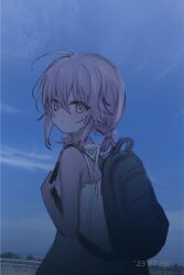 Rule 34 | 1girl, ahoge, backpack, bag, bare arms, bare shoulders, blue sky, brown eyes, closed mouth, cloud, dated, day, dress, highres, looking at viewer, looking to the side, low twintails, original, outdoors, pink hair, shiodome oji, short twintails, sky, sleeveless, sleeveless dress, solo, twintails, white dress