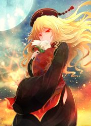 Rule 34 | 1girl, animal print, arano oki, black background, black coat, blonde hair, chinese clothes, coat, colored eyelashes, covered mouth, cowboy shot, energy, fire, flower, flower over mouth, flower request, fox, full moon, highres, holding, holding flower, junko (touhou), lily (flower), long hair, looking down, moon, multicolored background, orange background, red eyes, solo, tabard, touhou, wide sleeves