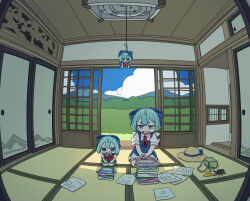 1girl absurdres banana beetle blue_bow blue_dress blue_eyes blue_hair bow bug cirno detached_wings dress fairy_wings food fruit fumo_(doll) hair_bow hat highres ice ice_wings indoors insect kame_(kamepan44231) mountainous_horizon notebook pinafore_dress short_hair short_sleeves sleeveless sleeveless_dress sliding_doors straw_hat touhou wings