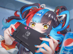 Rule 34 | 1girl, can, color connection, covered mouth, fate/grand order, fate (series), hair ornament, hairclip, heart, luode, multicolored hair, nail polish, nintendo switch, pepsi, playing games, sei shounagon (fate), solo, twintails, yellow eyes