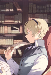 Rule 34 | 1boy, ai-wa, black eyes, blonde hair, book, bookshelf, european clothes, fire emblem, fire emblem fates, highres, holding, holding paper, holding quill, leo (fire emblem), male focus, nintendo, paper, quill, sitting, solo, thinking