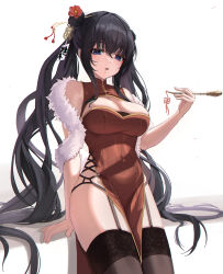 Rule 34 | 1girl, absurdres, bare shoulders, black hair, blue eyes, breasts, brown thighhighs, china dress, chinese clothes, cleavage, cleavage cutout, clothing cutout, commentary, covered navel, cowboy shot, dress, feather boa, garter straps, gold trim, hair bun, hair ornament, hairpin, hand up, highres, holding, kiseru, large breasts, long hair, looking at viewer, moko (jw7436), mole, mole under eye, mole under mouth, no panties, original, parted lips, pelvic curtain, red dress, sidelocks, simple background, sleeveless, sleeveless dress, smoking pipe, solo, standing, thighhighs, thighs, twintails, very long hair, white background