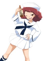 Rule 34 | 1girl, absurdres, bad id, bad twitter id, beer bottle, blouse, blue neckerchief, blue socks, bottle, commentary request, curly hair, dixie cup hat, dutch angle, girls und panzer, hand on own hip, hat, head tilt, highres, holding, holding bottle, inactive account, long sleeves, looking at viewer, military hat, miniskirt, neckerchief, ogihara mach, one eye closed, ooarai naval school uniform, open mouth, pleated skirt, print socks, red eyes, red hair, rum (girls und panzer), sailor, sailor collar, school uniform, shirt, short hair, simple background, single horizontal stripe, skirt, smirk, socks, solo, standing, white background, white hat, white shirt