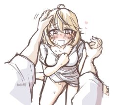 Rule 34 | 1girl, 1other, ahoge, brown eyes, drooling, hand on another&#039;s head, holding hands, kantai collection, light brown hair, looking at viewer, oboro (kancolle), petting, pov, saliva, shirt, sitting, sweat, t-shirt, tatahai, wariza, white shirt