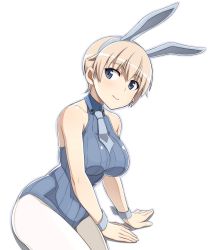 Rule 34 | 1girl, animal ears, arm support, blonde hair, blue eyes, blue leotard, blue necktie, brave witches, breasts, collared leotard, commentary, fake animal ears, halterneck, large breasts, leaning to the side, leotard, looking at viewer, nanashino, necktie, nikka edvardine katajainen, pantyhose, playboy bunny, rabbit ears, ribbed leotard, shadow, short hair, simple background, sitting, solo, thighs, very short hair, white background, white pantyhose, world witches series, wrist cuffs