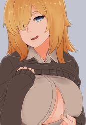 Rule 34 | 1girl, :d, :q, blonde hair, blush, breasts, buttons, cleavage, clothes lift, collared shirt, copyright request, dress shirt, grey background, grey shirt, hair flaps, large breasts, licking lips, long hair, long sleeves, looking at viewer, mori (nao (ritsancrossover)), mori yoshihara (naozuri), naozuri, open mouth, original, paizuri invitation, pointing, shirt, simple background, sleeves past wrists, smile, solo, sweater, sweater lift, tongue, tongue out, unbuttoned, upper body