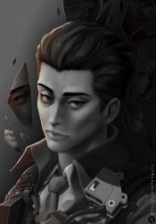 1boy broken_glass brown_hair bulletproof_vest closed_mouth glass goddess_of_victory:_nikke greyscale hair_slicked_back highres lcl looking_at_viewer monochrome necktie oswald_(nikke) redapplepenguin reflection simple_background solo thick_eyebrows twitter_username vest_pouch