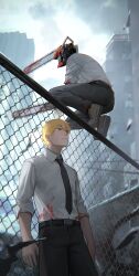 Rule 34 | 1boy, absurdres, black necktie, black pants, blonde hair, blood, blood on clothes, blurry, blurry background, chain-link fence, chainsaw, chainsaw man, collared shirt, denji (chainsaw man), facing to the side, fence, highres, limart, looking to the side, necktie, on fence, orange eyes, pants, sharp teeth, shirt, shirt tucked in, short hair, sleeves rolled up, squatting, teeth, white shirt
