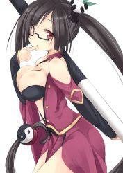 Rule 34 | 1girl, arc system works, bare shoulders, black hair, blazblue, blazblue: calamity trigger, blush, body blush, breasts, china dress, chinese clothes, cleavage, cleavage cutout, clothing cutout, dress, finger to mouth, glasses, hair ornament, lao jiu, large breasts, litchi faye ling, long hair, mokoke, panda, ponytail, red eyes, solo, staff, underwear, very long hair, yin yang