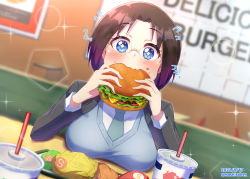 Rule 34 | 1girl, absurdres, artist name, black hair, blue eyes, blue vest, blurry, blurry background, blush, breast rest, breasts, breasts on table, burger, cup, dated, disposable cup, drinking straw, eating, elma (maidragon), fast food, food, food in mouth, food on face, formal, gradient hair, highres, holding, holding food, indoors, jacket, kobayashi-san chi no maidragon, large breasts, lettuce, looking at viewer, mashiroken07, multicolored hair, necktie, office lady, restaurant, shirt, short hair, sliced cheese, solo, sparkle, sparkling eyes, suit, suit jacket, tomato, tray, vest
